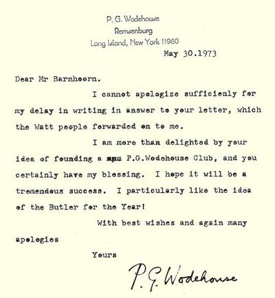 Letter by P.G.Wodehouse to Jan Barnhoorn in Kamerik (NL), dated May 30, 1973, about the first Wodehouse Society worldwide, based in The Netherlands.